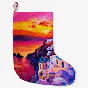 Meia De Natal Pequena pintura a óleo na canvas. O pôr do sol sobre a il