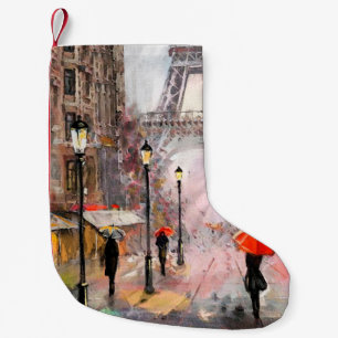 Meia De Natal Pequena pintura a óleo na canvas, vista de rua de Paris. A