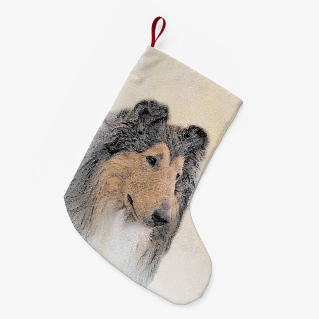 Meia De Natal Pequena Pintura Collie (Rough) - Arte Cachorra Original (Frente (Pendurada))