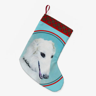Meia De Natal Pequena Pintura de Borzoi (branca) - Arte de Cachorro Orig