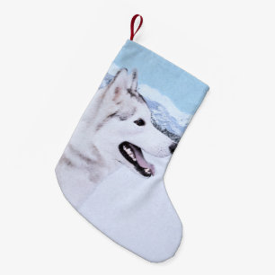 Meia De Natal Pequena Pintura de Cão Siberiana (Prata e Branco)