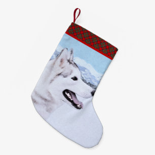 Meia De Natal Pequena Pintura de Cão Siberiana (Prata e Branco)