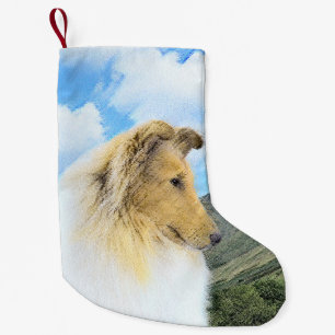 Meia De Natal Pequena Pintura de Collie em Montanhas (Rough) - Arte Cani