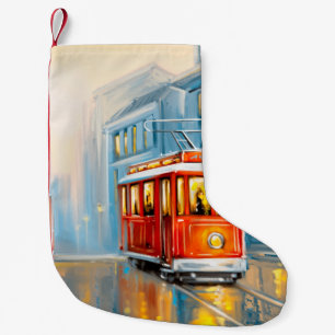 Meia De Natal Pequena Pintura de óleo de elétrico de cidade antiga