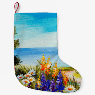 Meia De Natal Pequena pintura de óleo de flores perto do mar, campo de c