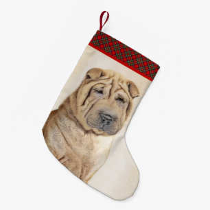 Meia De Natal Pequena Pintura de Shar Pei - Arte de Cão Original Bonita