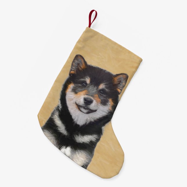 Meia De Natal Pequena Pintura de Shiba Inu (Preto e Latão) - Arte Canina (Frente (Pendurada))