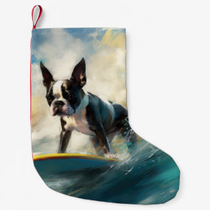 Meia De Natal Pequena Pintura de surf em Boston Terrier Beach