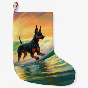 Meia De Natal Pequena Pintura de Surf na Praia do Doberman