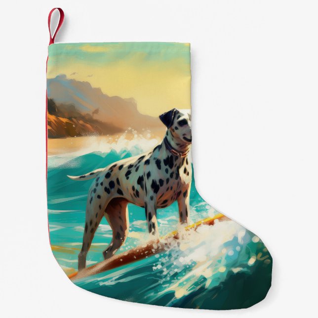Meia De Natal Pequena Pintura de surfe na praia Dalmation (Frente)