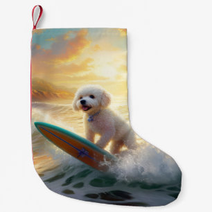 Meia De Natal Pequena Pintura de surfe na praia de Bichon Frise