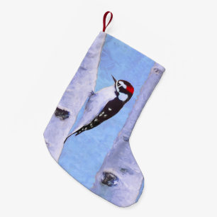 Meia De Natal Pequena Pintura do Pica-Pau Downy - Arte Original
