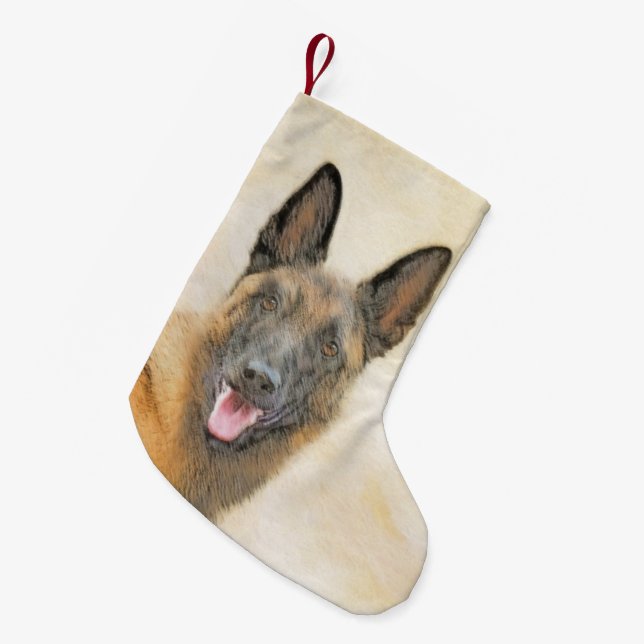 Meia De Natal Pequena Pintura em Malinois Belga - Arte Cachorra Original (Frente (Pendurada))