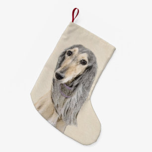 Meia De Natal Pequena Pintura em Saluki - Arte Cão Original