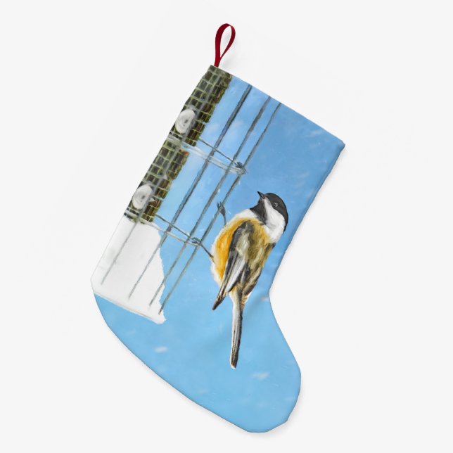 Meia De Natal Pequena Pintura no alimentador - Arte de pássaro original (Frente (Pendurada))