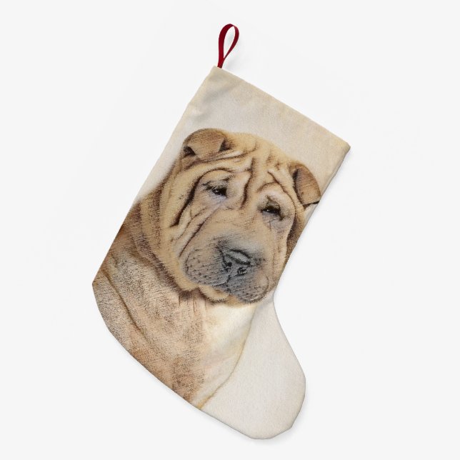 Meia De Natal Pequena Pintura Shar Pei - Arte Cachorra Original (Frente (Pendurada))