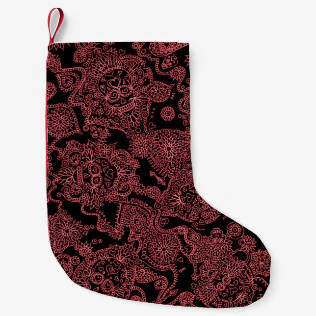 Meia De Natal Pequena Pista de Natal de Padrão Crânio Vermelho e Negro (Frente)