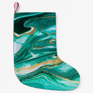 Meia De Natal Pequena Pitada verde e dourada de fundo agado. Ouro