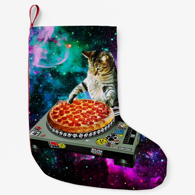 Meia De Natal Pequena pizza de gato dj espacial (Frente)