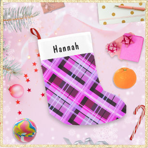 Meia De Natal Pequena Plaid Roxo Pessoalizado com Padrão de Inverno