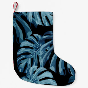 Meia De Natal Pequena Planta de Monstera: padrão das folhas azuis.