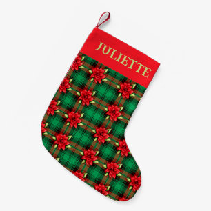Meia De Natal Pequena Poinsettias E Xadrez