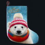 Meia De Natal Pequena Polar Bear Santa hat e Scarf<br><div class="desc">Um Urso Polar vestindo um chapéu de Papai Noel e cachecol com neve caindo. Feliz Natal.</div>