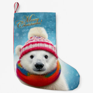 Meia De Natal Pequena Polar Bear Santa hat e Scarf