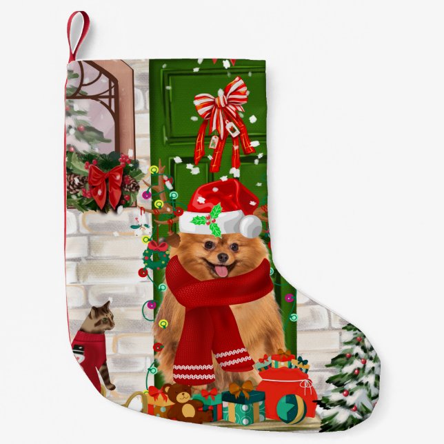 Meia De Natal Pequena Pomerânia de Cão (Frente)