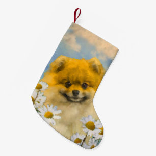 Meia De Natal Pequena Pomerânia em Pintura de Cães - Arte Original