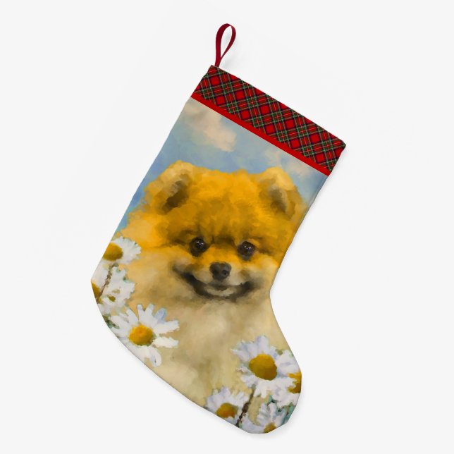 Meia De Natal Pequena Pomerânia em Pintura de Dísias - Arte de Cachorro  (Frente (Pendurada))