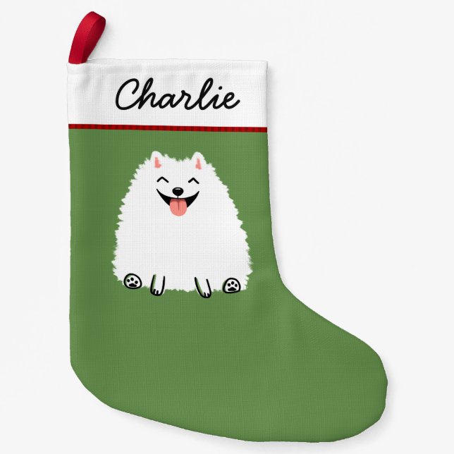 Meia De Natal Pequena Pommie Pommie Xmas, um Cachorro Pomerano Branco (Frente)