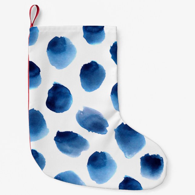 Meia De Natal Pequena Pontos Azuis De Aquarela: Pintados À Mão Sem Costu (Frente)