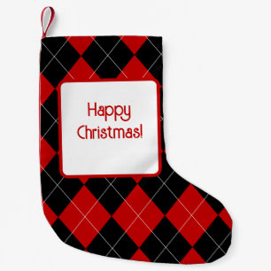 Meia De Natal Pequena Preppy Argyle Tartan Diamond Xadrez Red Black