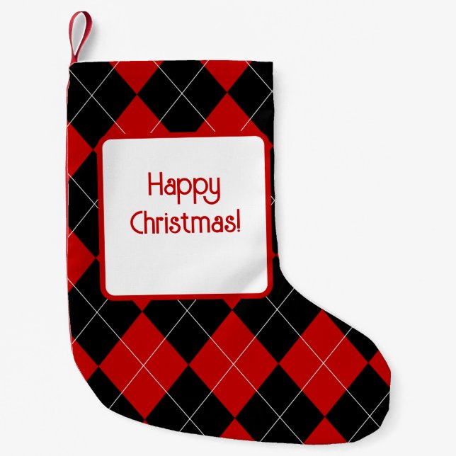 Meia De Natal Pequena Preppy Argyle Tartan Diamond Xadrez Red Black (Frente)