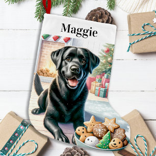 Meia De Natal Pequena Preto Laboratório Feliz Padrão de Natal Cachorro