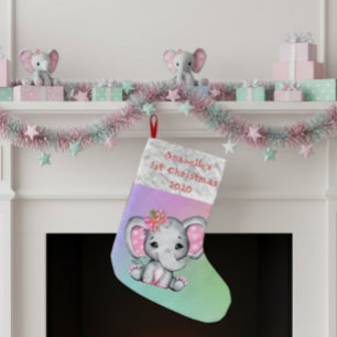 Meia De Natal Pequena Primeiro Natal da Bebê Elefante Rosa