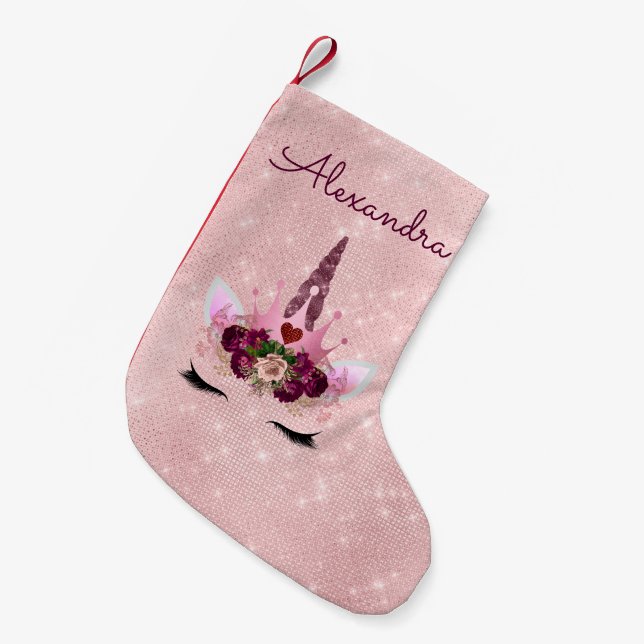 Meia De Natal Pequena Princesa Rosa Unicorn Dourada - Rosa Esbranquiçada (Frente (Pendurada))