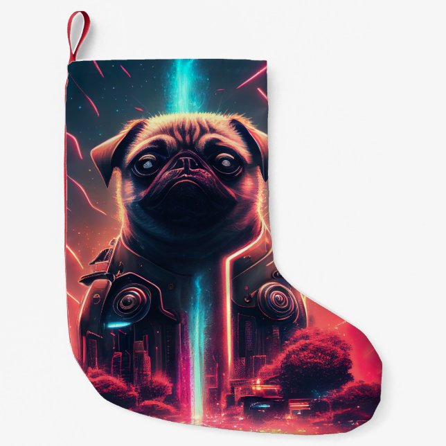 Meia De Natal Pequena Pug Adorável no Figurino Robô Futurístico (Frente)