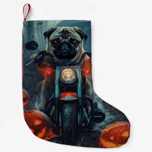 Meia De Natal Pequena Pug Andando de Motocicleta Halloween Assustador