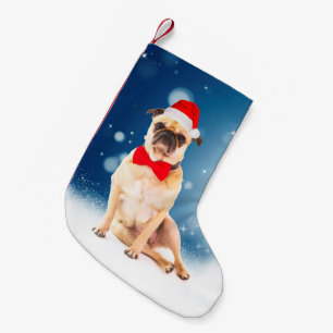 Meia De Natal Pequena Pug com Papai Noel de Natal