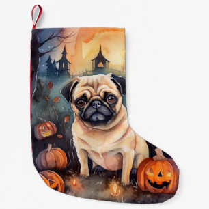 Meia De Natal Pequena Pug de Halloween com Abóboras Assustadoras