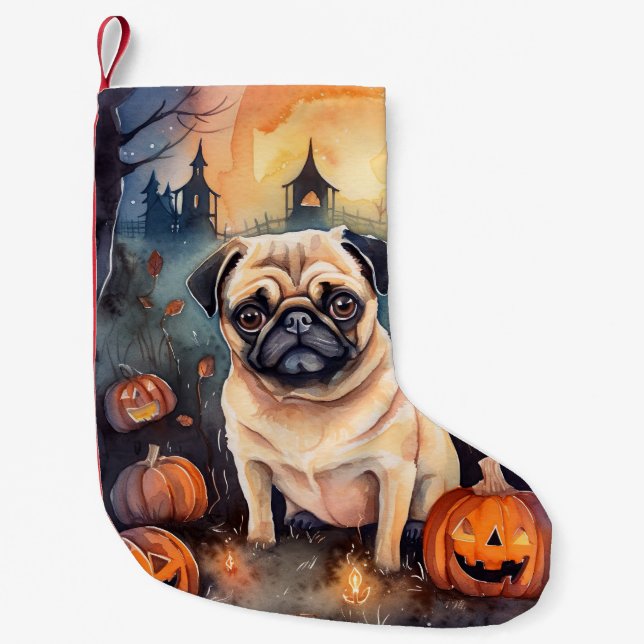 Meia De Natal Pequena Pug De Halloween Com Pumpkins Assustado (Frente)