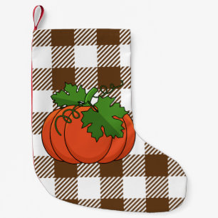 Meia De Natal Pequena Pumpkin Laranja no Padrão Marrom Branco Verificado