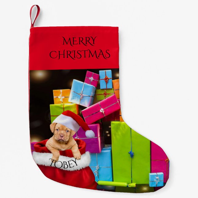 Meia De Natal Pequena Puppy natal com nome personalizado. (Frente)