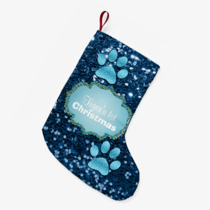 Meia De Natal Pequena Puppy Paws Blue Faux Glitter