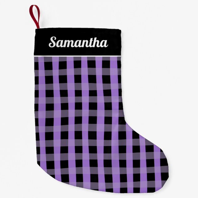 Meia De Natal Pequena Purple  Black Buffalo Plaid Personalized Name (Frente)