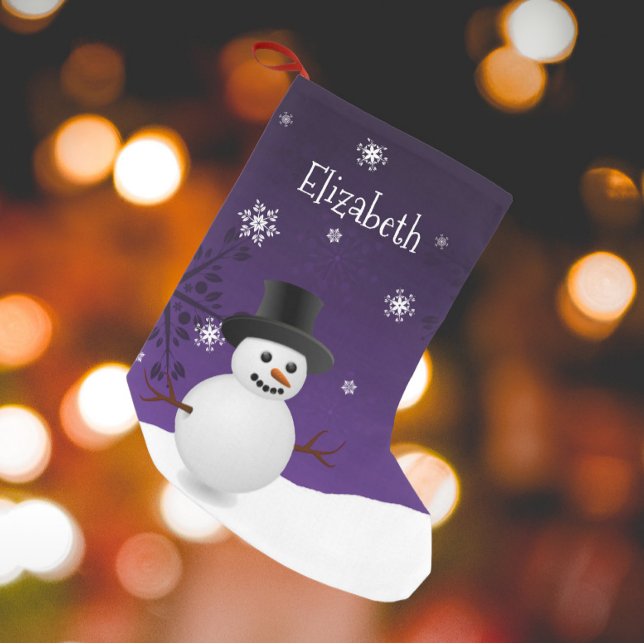 Meia De Natal Pequena Púrpura Neve de inverno Cena de Natal (Purple Snowman Winter Scene Christmas Stocking)