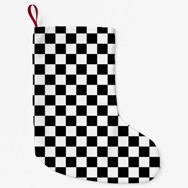 Meia De Natal Pequena Quadrados Checkered preto e branco (Frente)