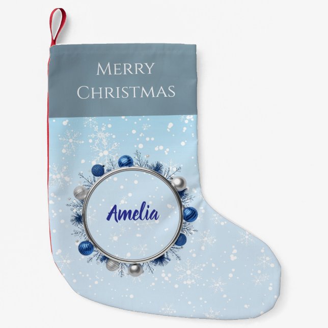 Meia De Natal Pequena Quadro prateado elegante em azul claro (Frente)